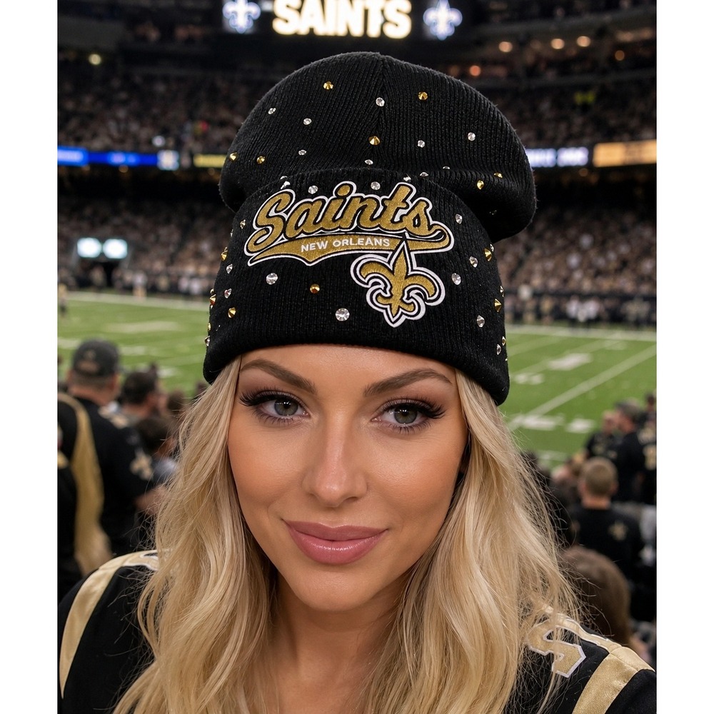 New Orleans Saints Rhinestone Beanie Hat Black Gold Embroidered Knit Cap Women